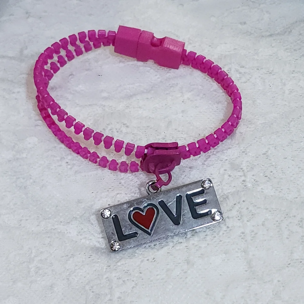 Kids Pink Zipper Bracelet with Love Charm